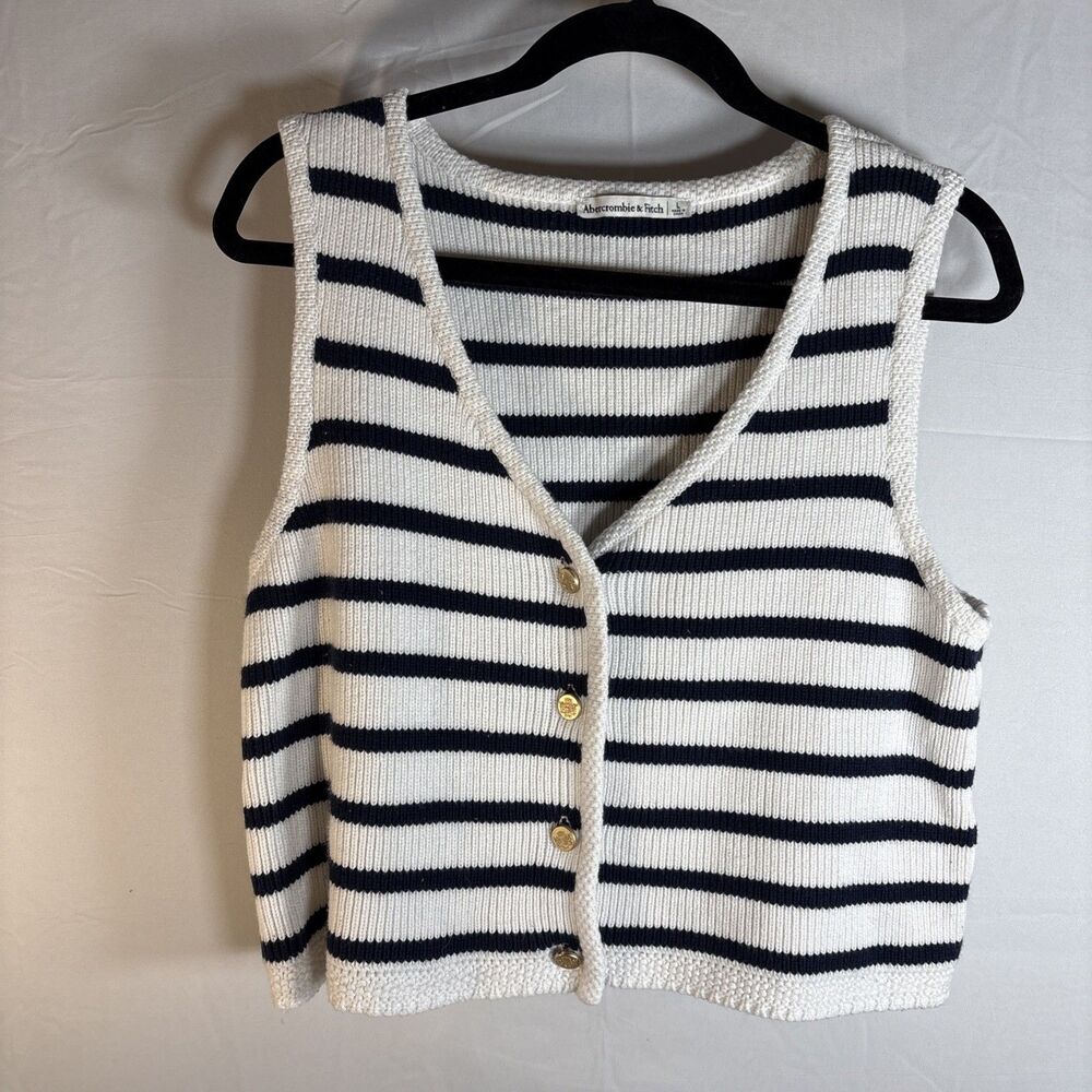 Abercrombie & Fitch Mara Striped Sweater Vest White Navy Gold Buttons L